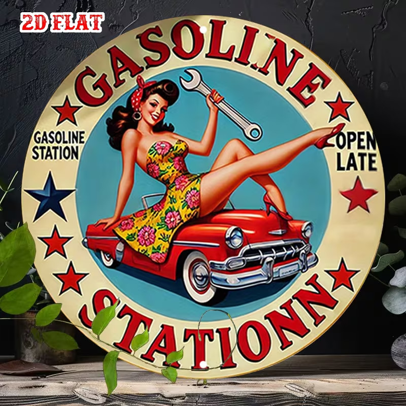 Sign Retro Gasoline Station Featuring a Retro Design with a Woman Holding wrench