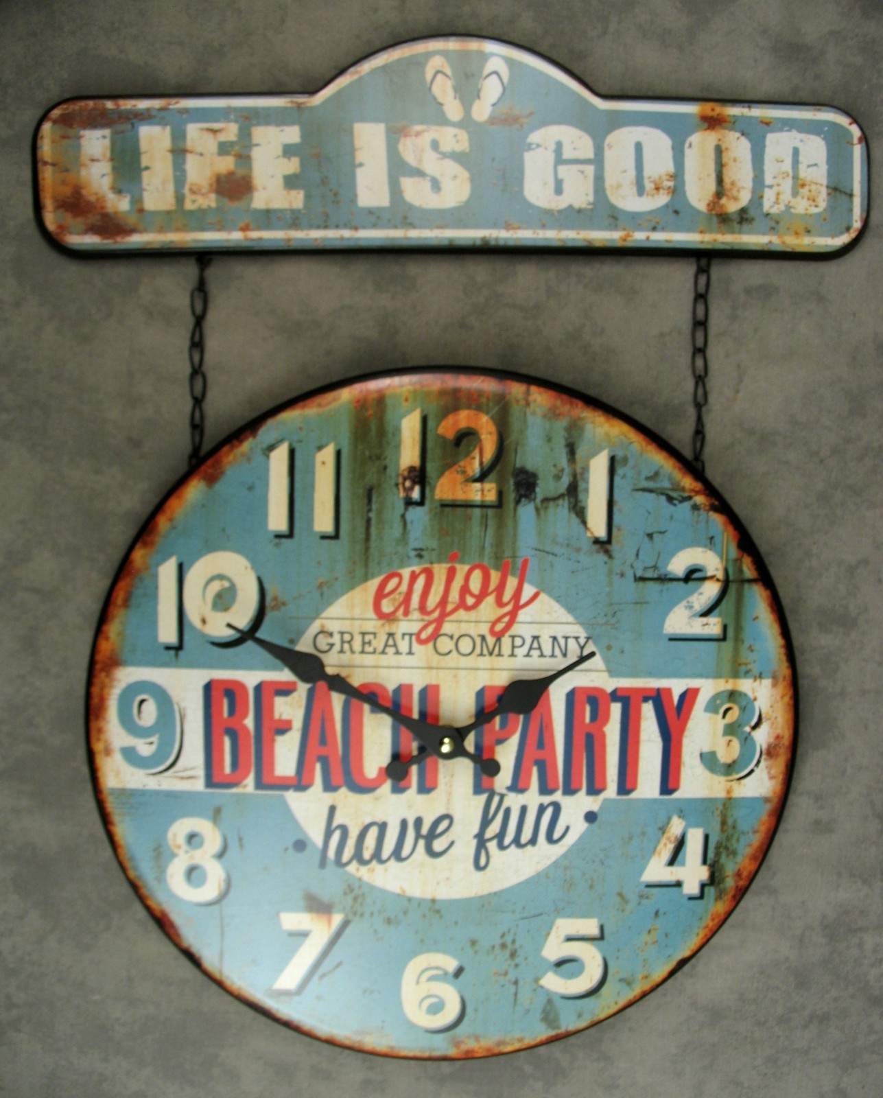 LIFE IS GOOD BEACH PARTY TIN WALL CLOCK Ocean Blue Distressed Flip Flop Sign NEW