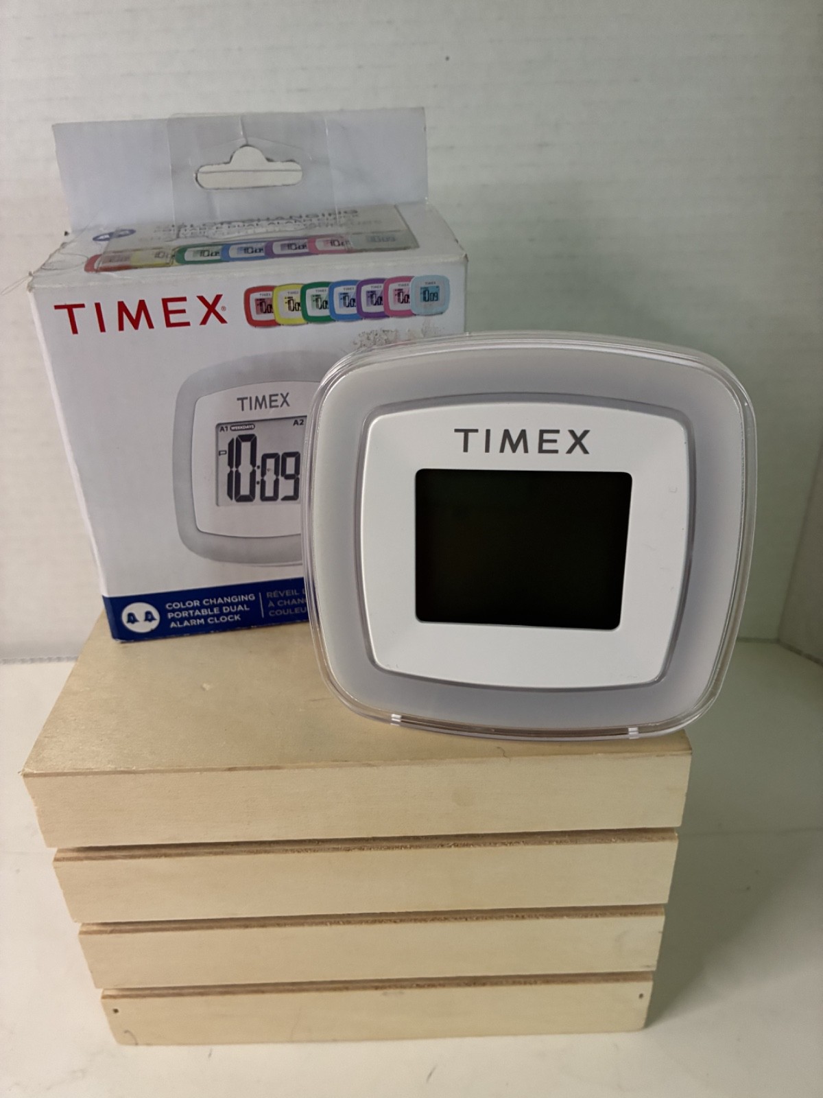 Timex Alarm Clock Color Changing DIgital Travel Dual White Battery Powered