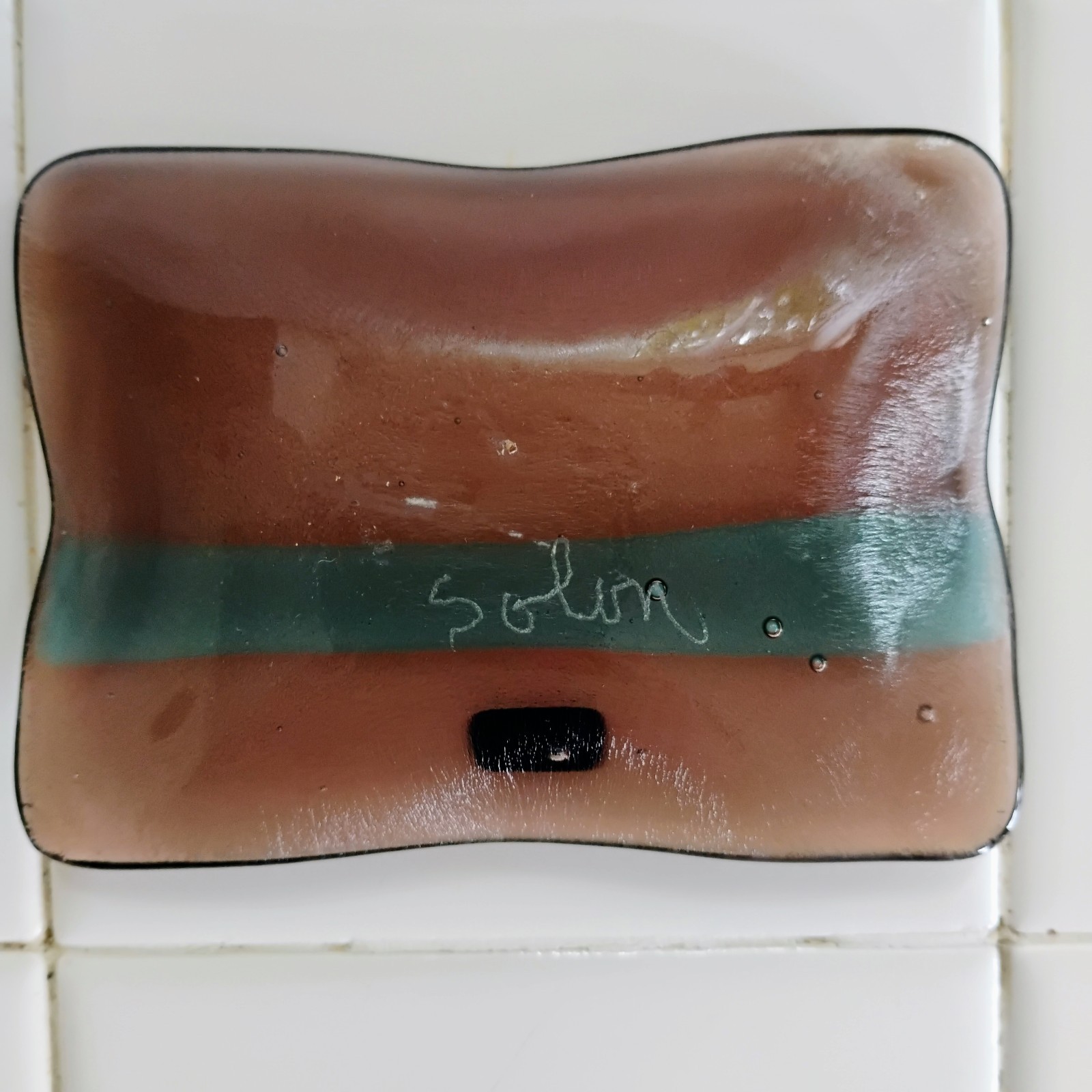 Vintage Fused Glass Iridescent Decorative Trinket Dish Signed Solon