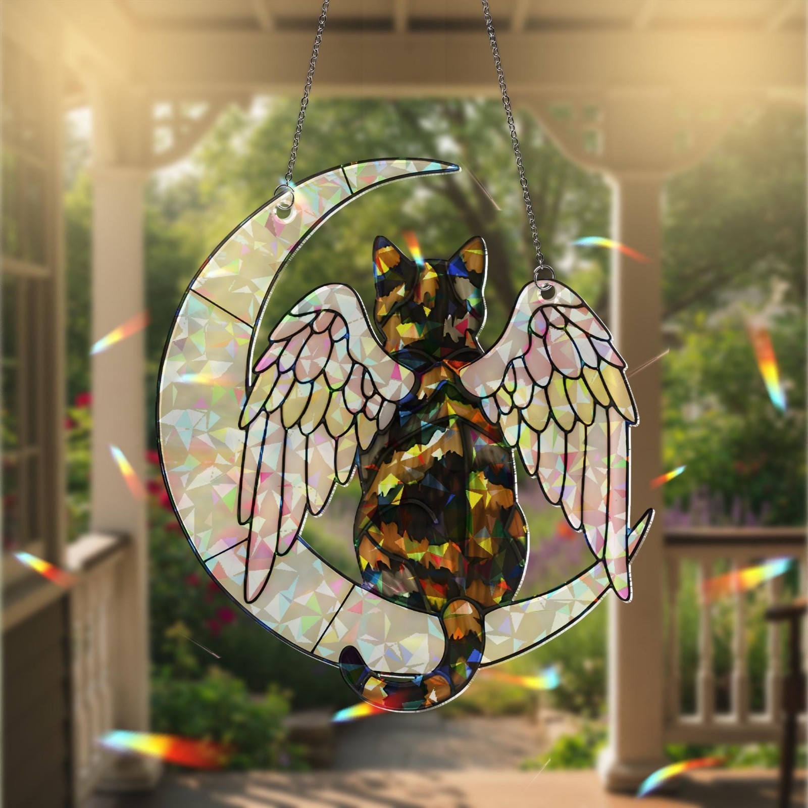 Angel Tortoiseshell Cat on Moon: Hologram Window Hanging,Decor