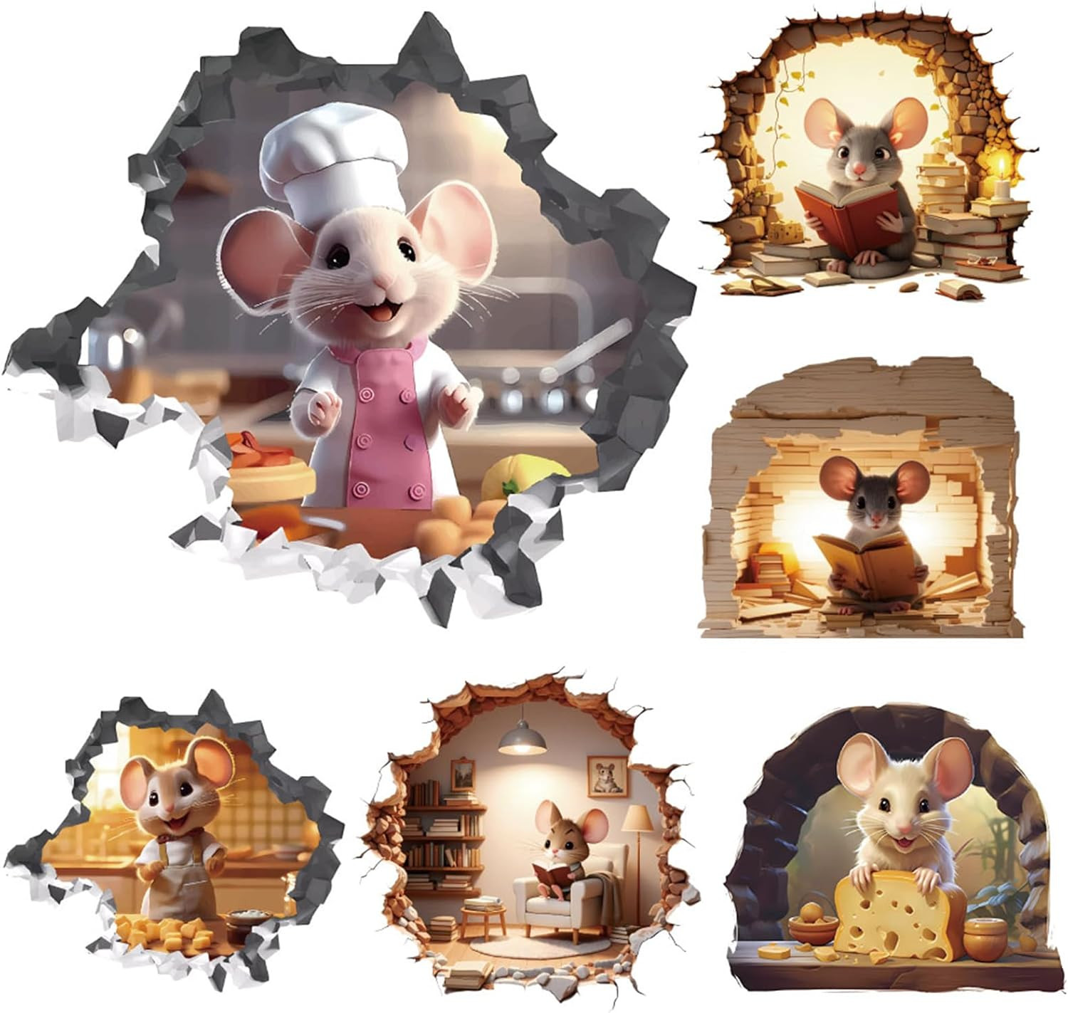 6PCS 3D Mouse Hole Wall Decals Peel and Stick,Decorative Wall Stickers, Fun Anim