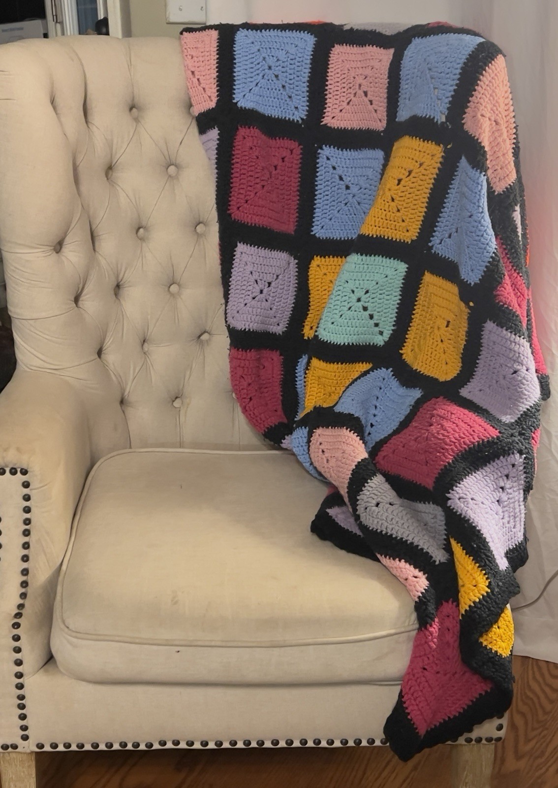 Handmade Vintage Granny Square crocheted afghan blanket. 49” X 51”