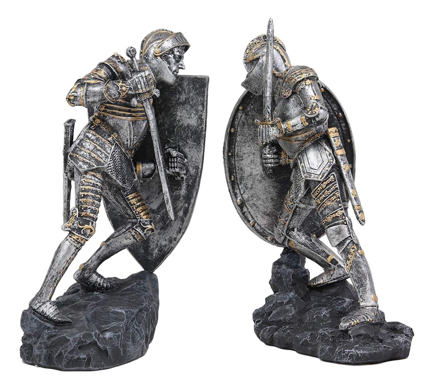 Dueling Medieval Crusader Knights W/ Coat Of Arms Heraldry Shields Bookends Set