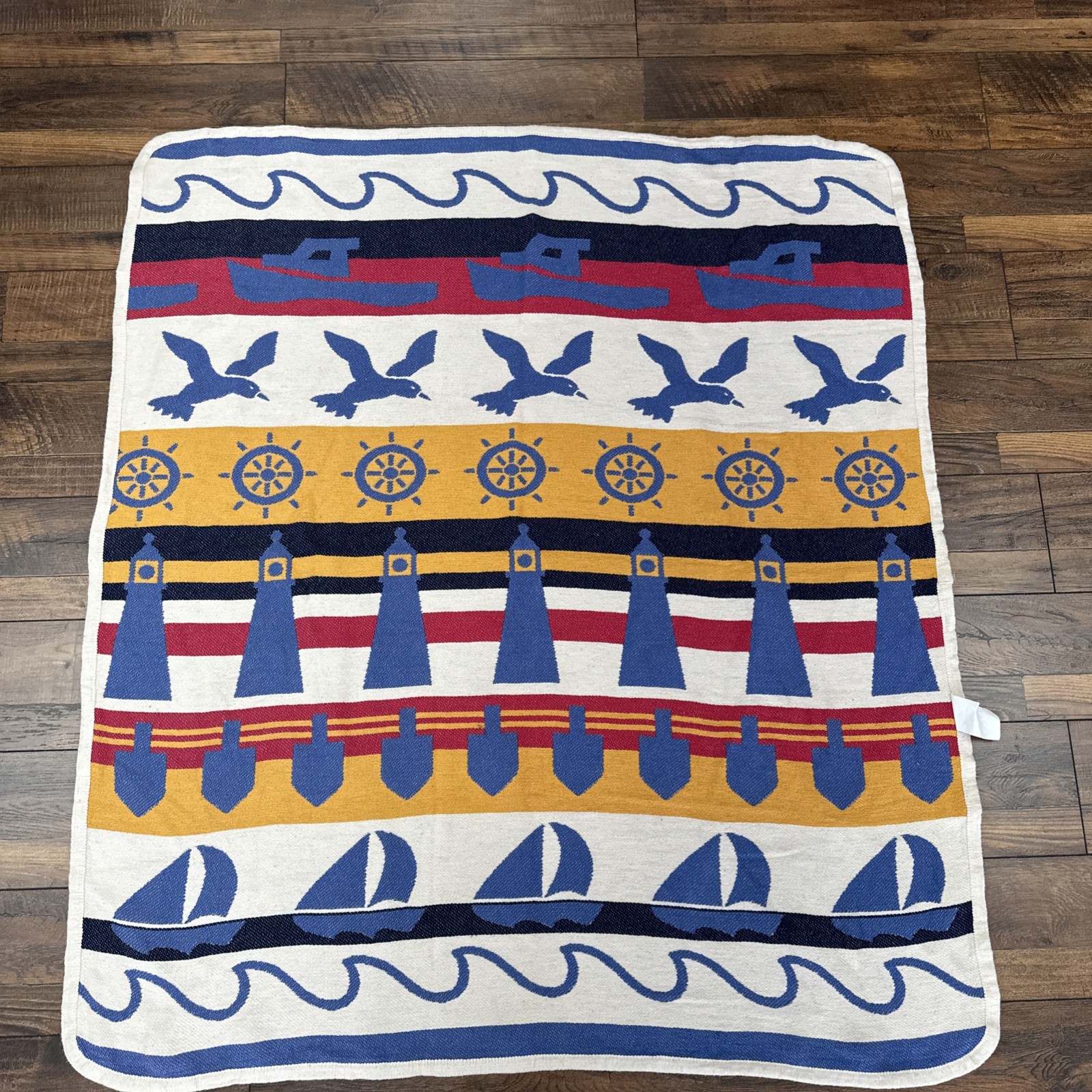 100% Cotton Nautical Lighthouse Seagull Sailboat Reversible Blanket Vintage