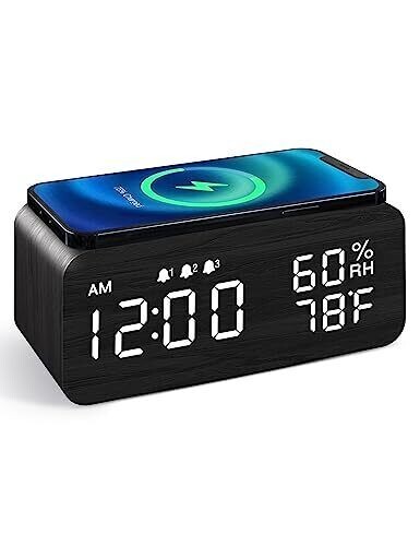 Wooden Digital Alarm Clock with Wireless Charging, Dimmable, Adjustable Grey