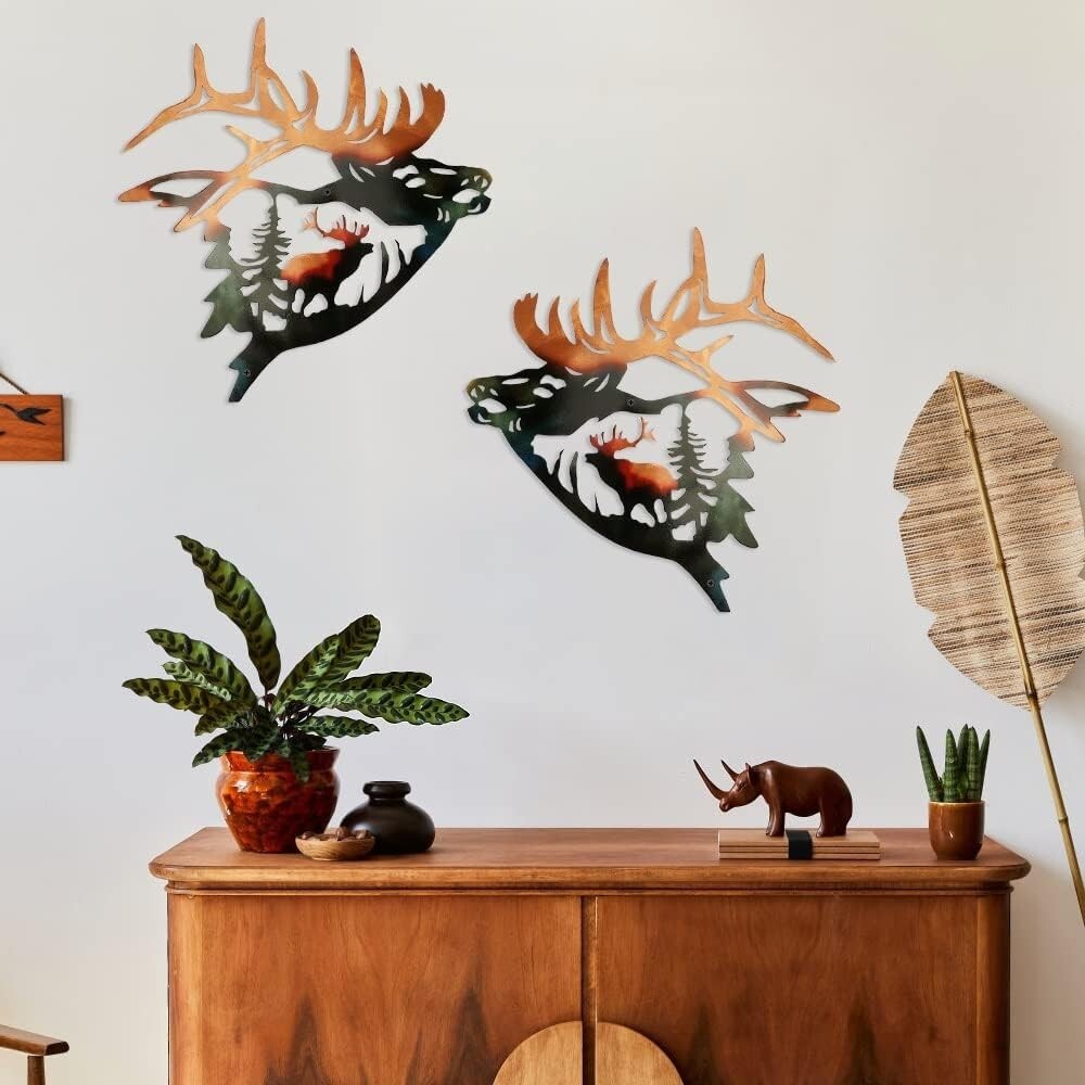 Set of 2 Elk Wall Art Decor Deer Metal Wall Decor Rustic Cabin Hunting Decor Met