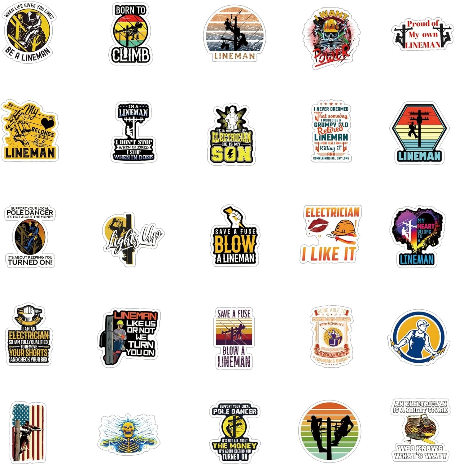 Lineman Stickers 62pcs Electrician Cool Decals Pack Aesthetic Waterproof Viny