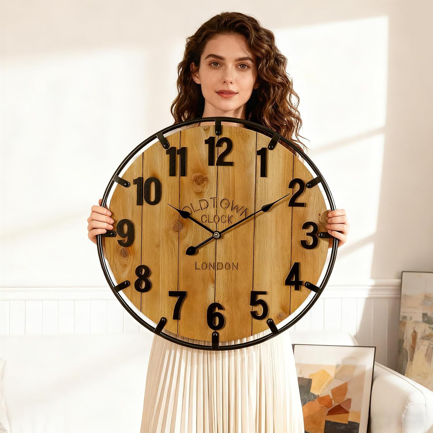 Farmhouse 24 Inch Extra Large Decorative Wall Clock with Metal Circle, Oversi…