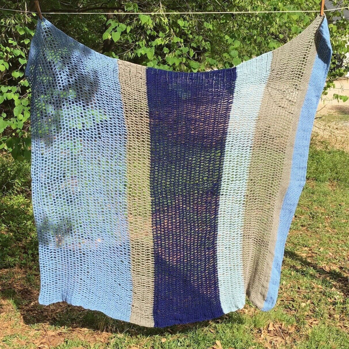 Throw Blanket Handmade Crochet 100% Wool Brown Blue Colorblock Striped Folk Art