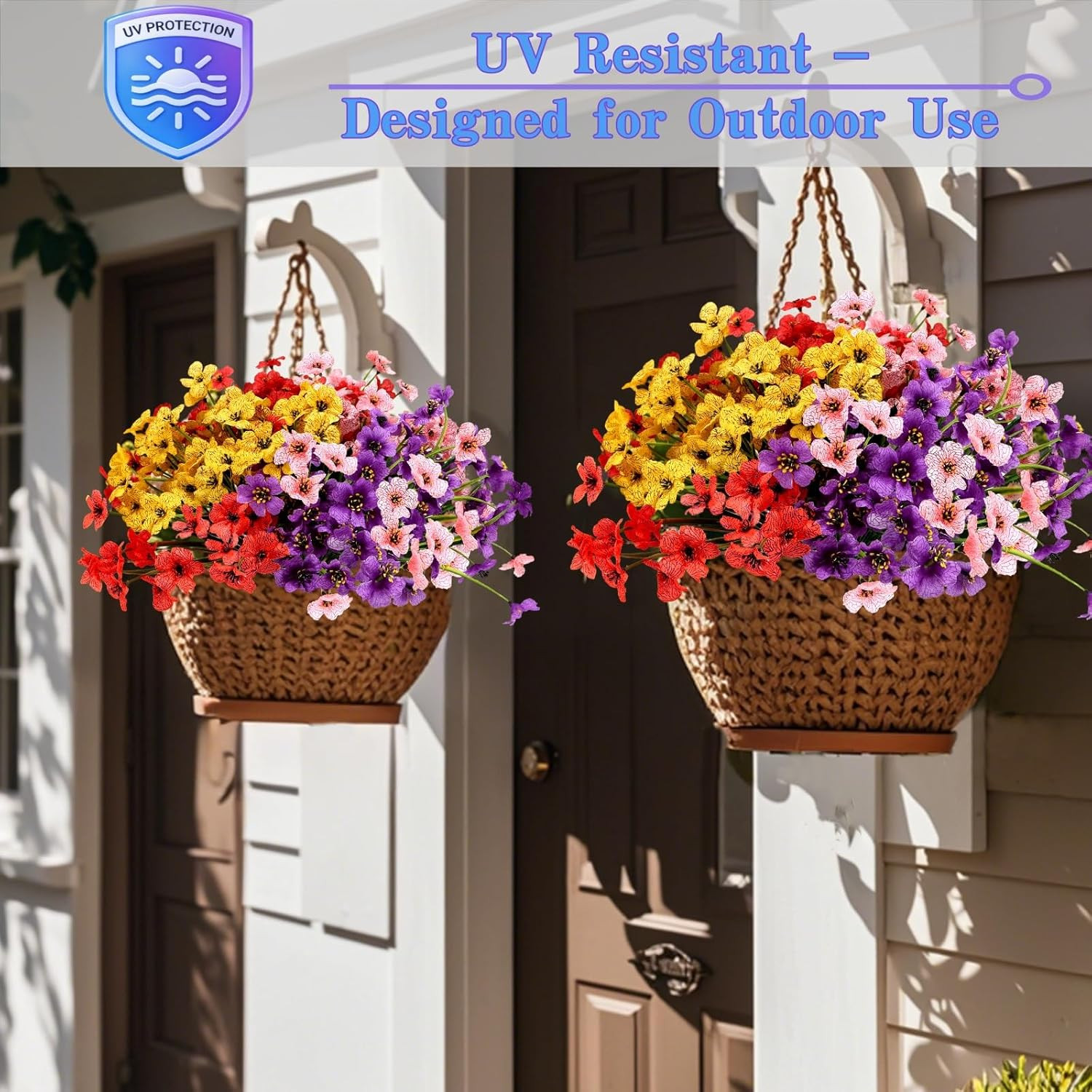 Artificial Mums Flowers for Outdoors, 16 Bundles UV Resistant Fake Plastic Color