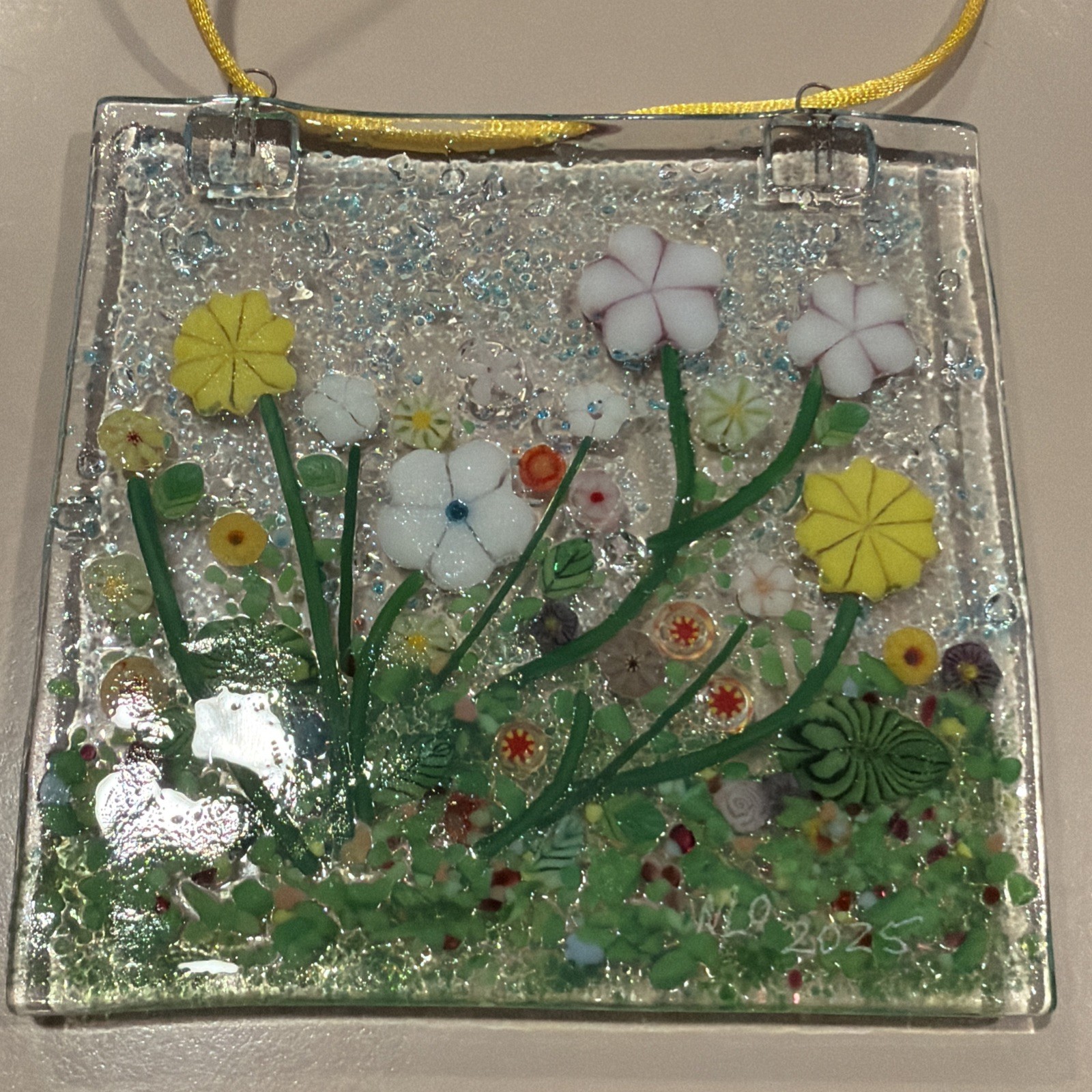 Fused Glass Handmade Square 4”x 4” Multicolor Sun Catcher Signed By Artist