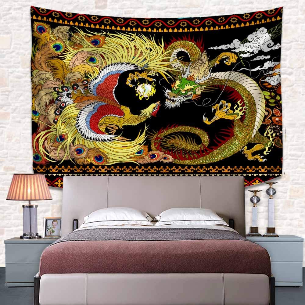Dragon Phoenix Tapestry, Chinese Oriental Asian Mythology Animal Tapestries, Chi