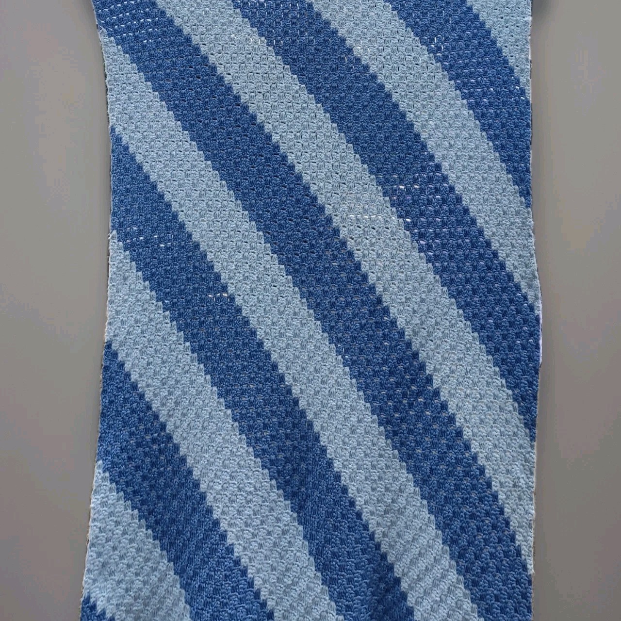Vintage Crochet Afghan Blanket Throw Diagonal Stripe Light & Dusky Blue 60×70 in