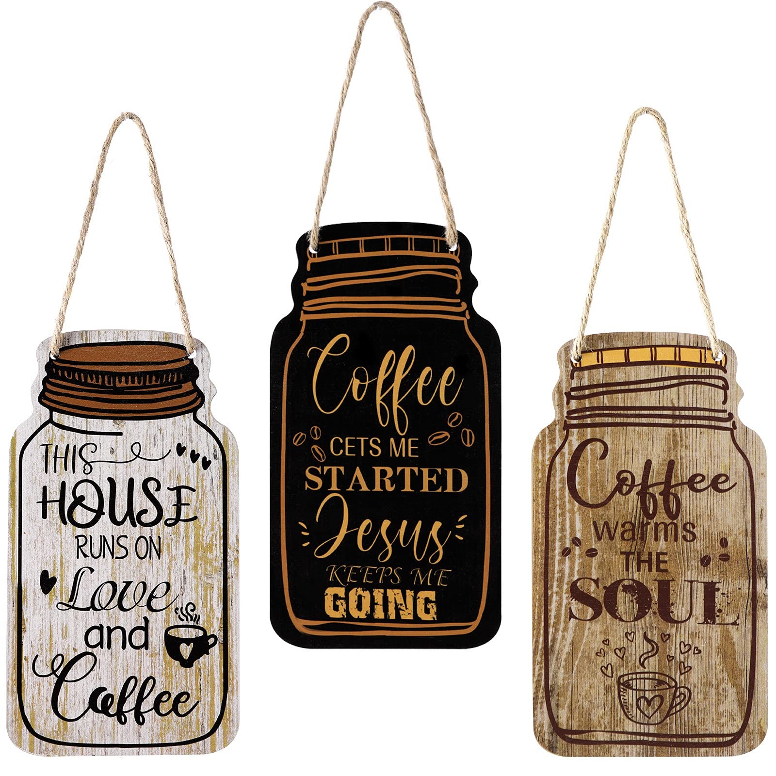 3 Pcs Coffee Bar Decor Sign Mason Jar Wall Hanging Plaque Farmhouse Kitchen D…