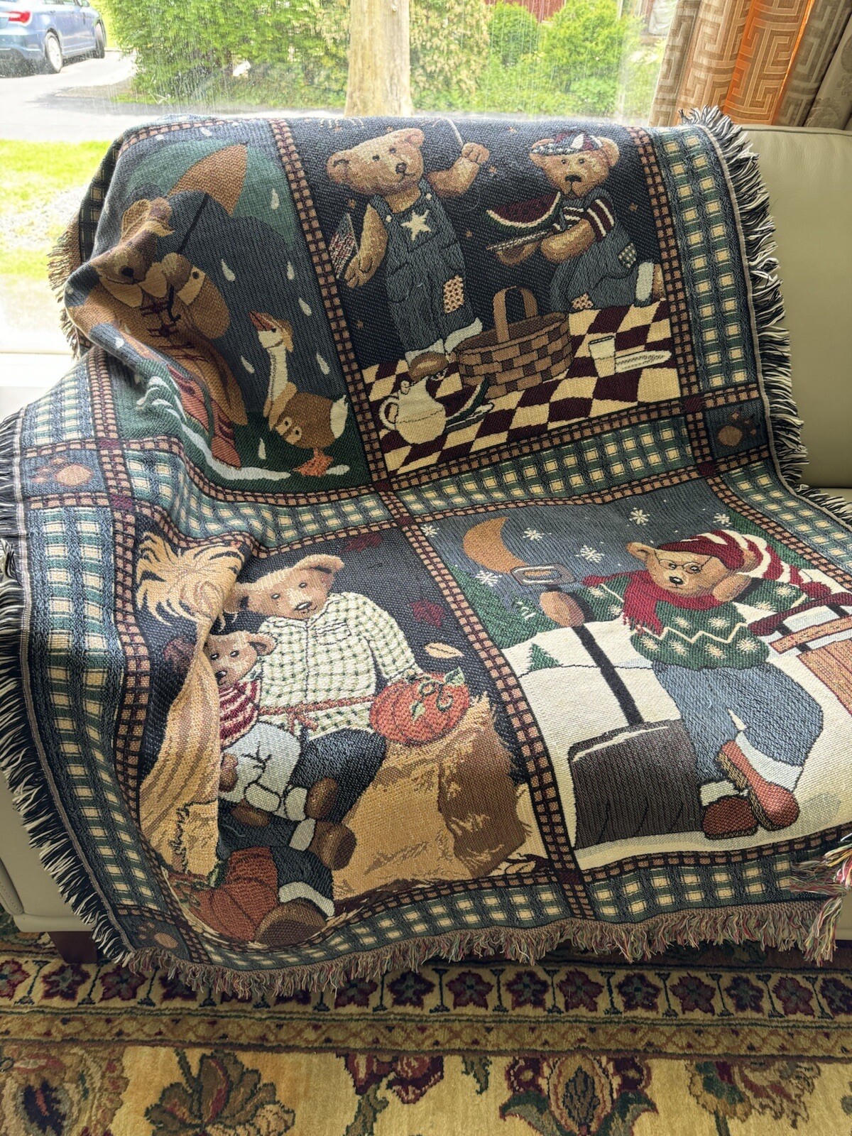 Vintage 90S Teddy Bears Cotten Jacquard Packet Throw Blanket Woven Fringe Retro