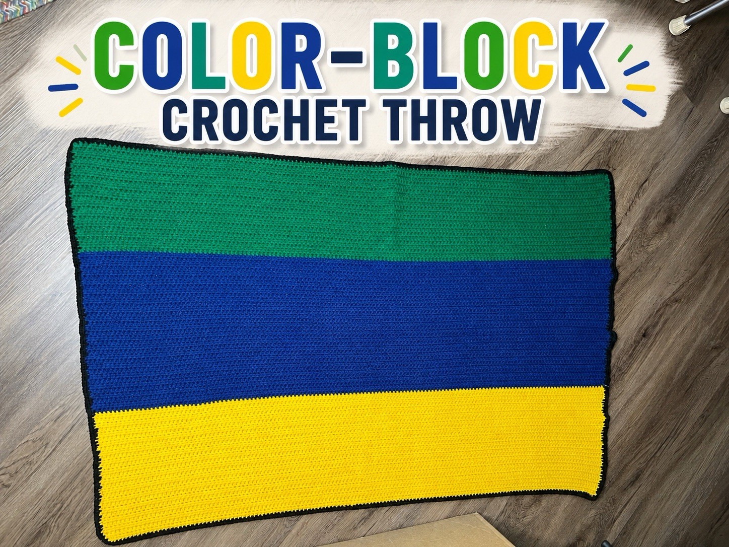 Colorblock 48” x 34” Crochet Throw Blanket Afghan Green Blue Yellow Black Border