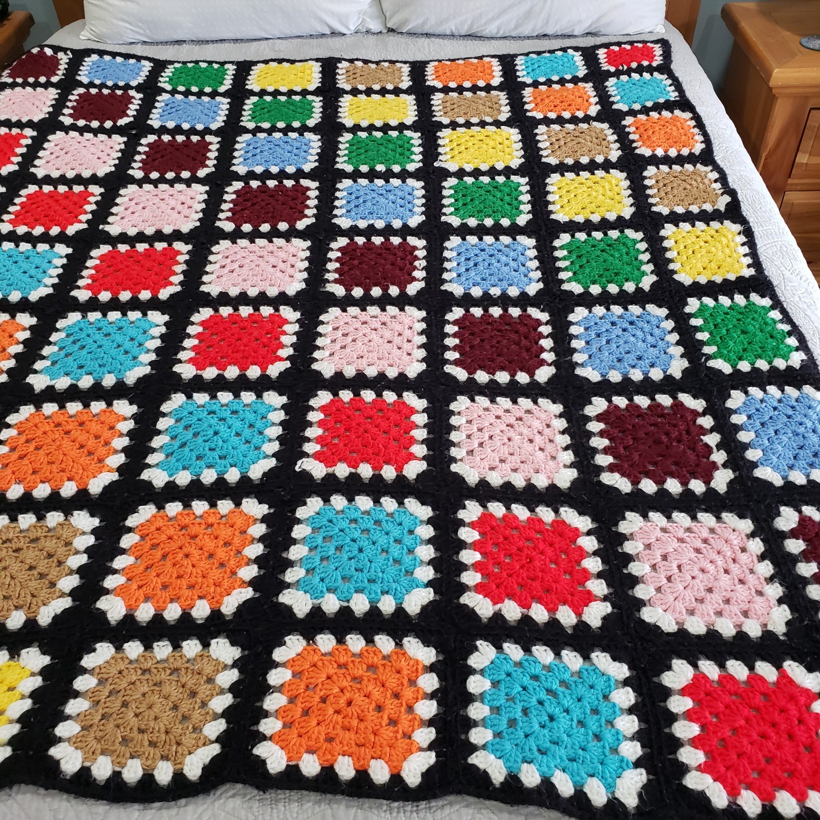 Throw Blanket Crochet Multicolor Granny Square Black Border Handmade Afghan Boho
