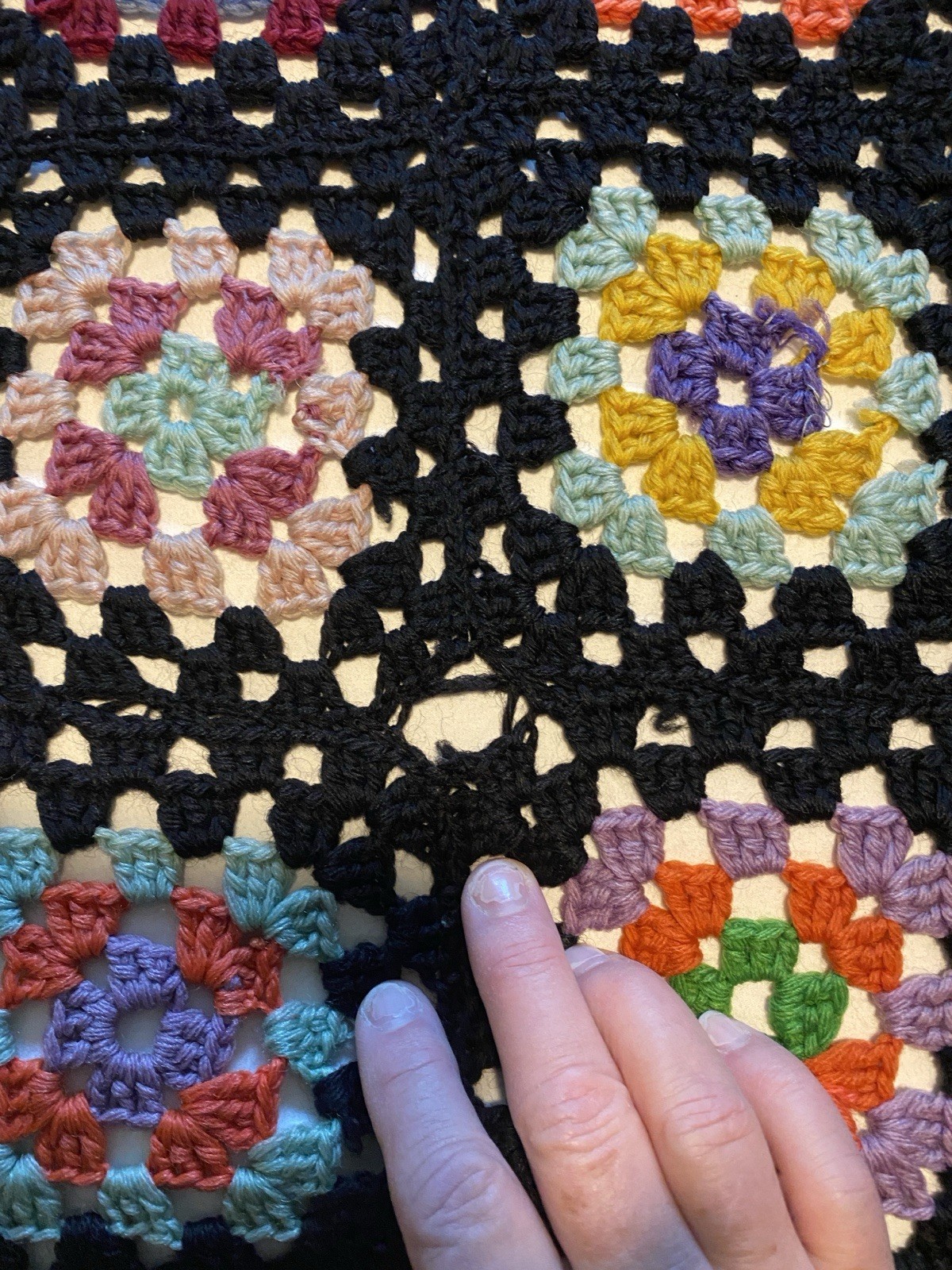 Granny Square Afghan Throw Blanket Vintage 46” X 76” Grannycore Black + Multi