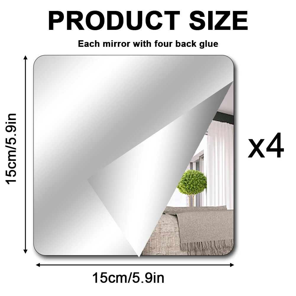 Mirrors Sheets Removable 4 Pack Stick On Wall Self Adhesive Acrylic Tiles Thick