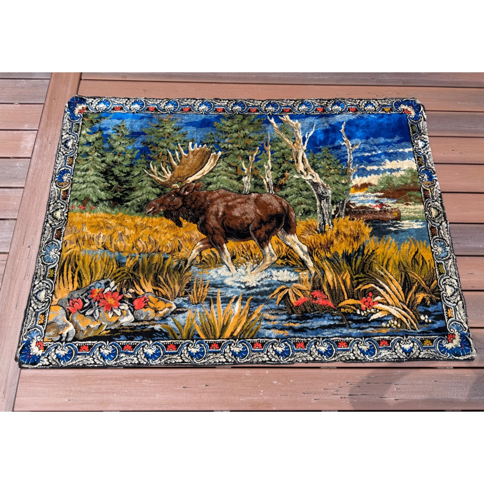 Vintage Moose Tapestry Wall Hanging Scenic Wildlife Cabin Lodge Deco 68×48