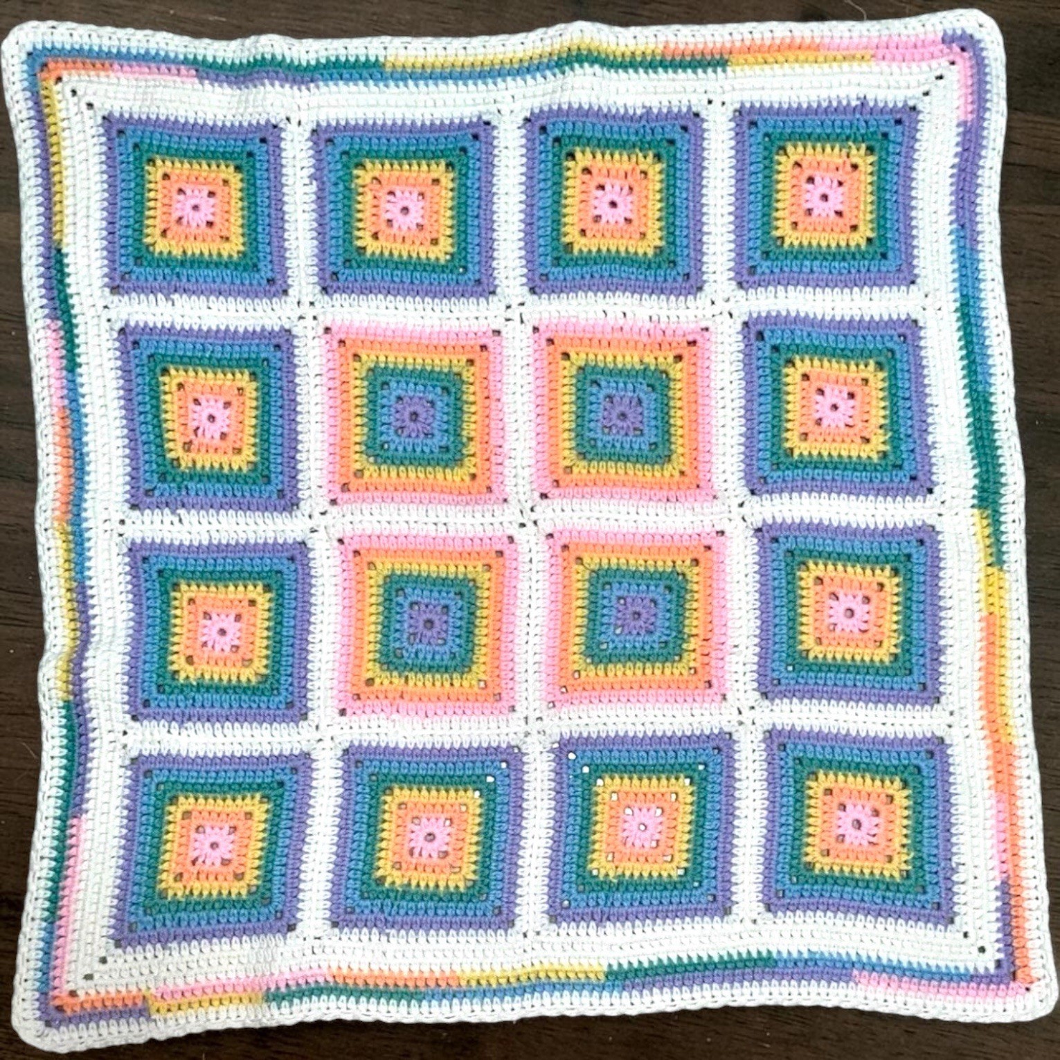 Vintage Handmade Granny Square Crochet Afghan Blanket Multicolor White 35.5”