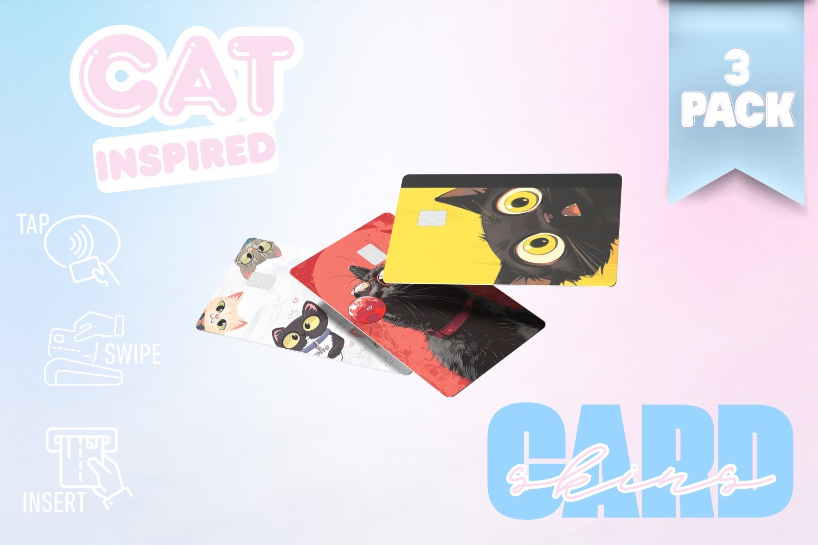 3‑Pack Cute Black Cat Card Skins – Vinyl Credit & Debit Card Covers | Durable