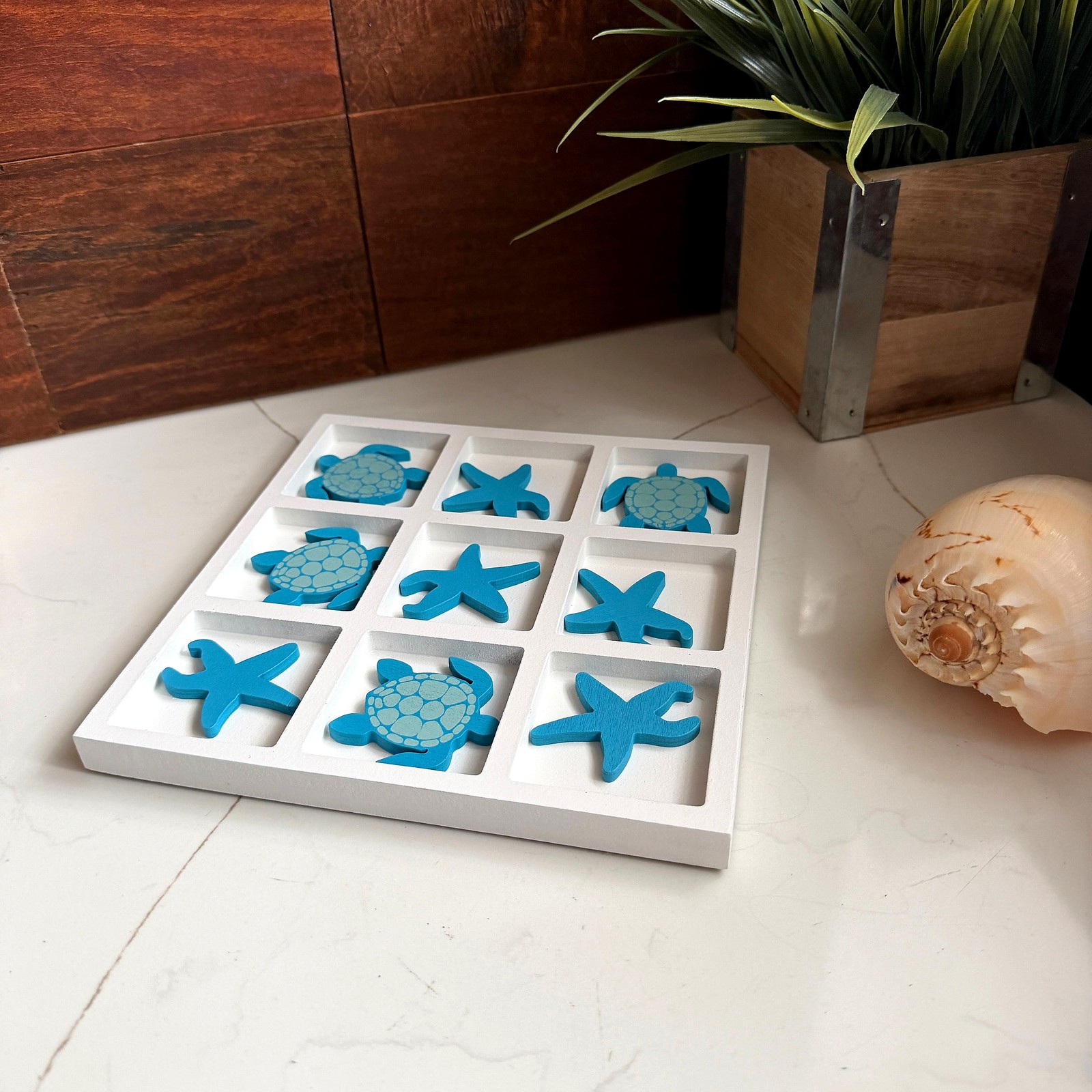 Coastal Sea Turtle Starfish Sculpture Decor Board White Blue Wood 7.75 In