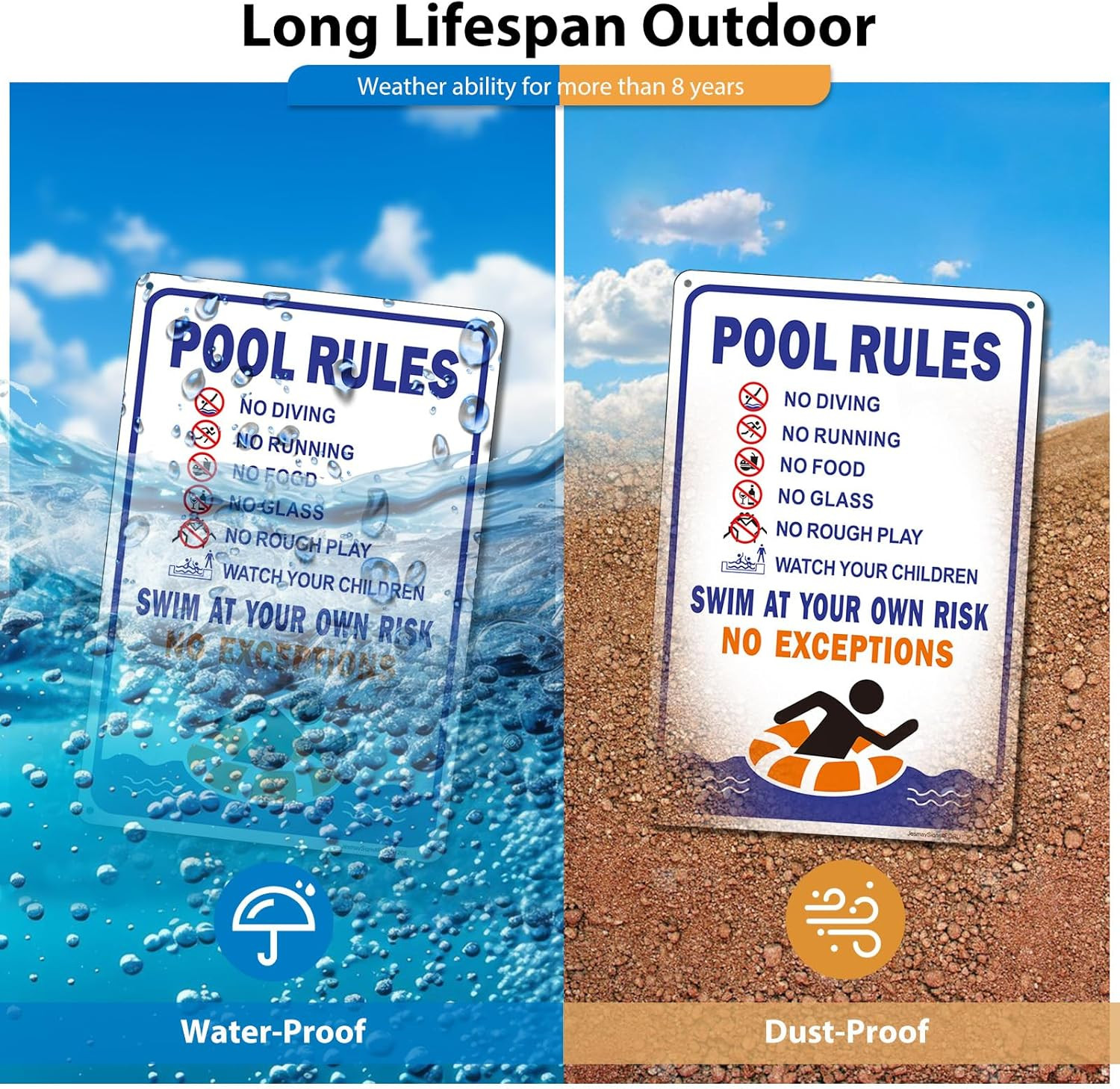 Pool Rules Sign, No Diving Sign,Swim 12x8Inches, Blue-2Pack-12"x8"