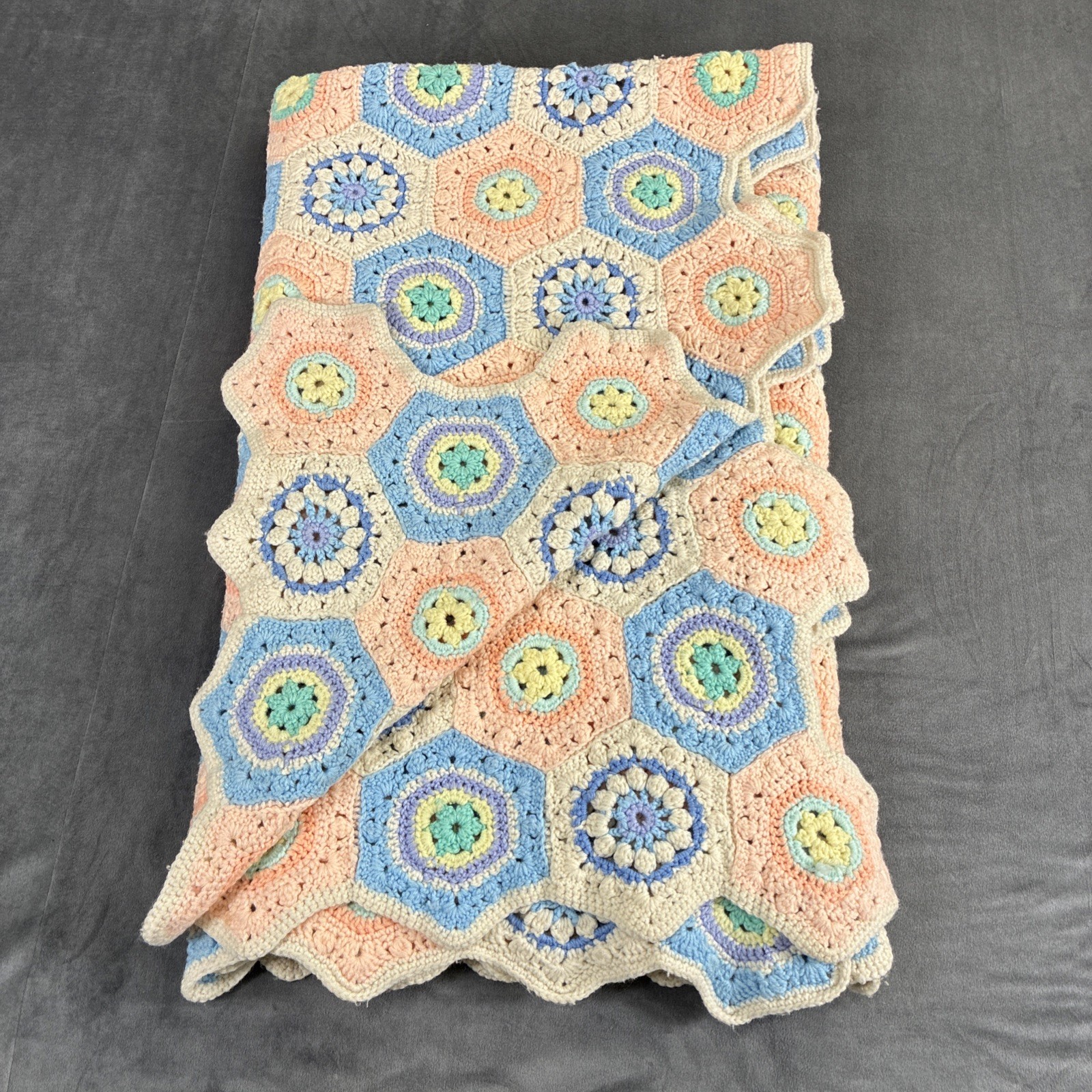 Vintage Crochet Afghan Blanket Hexagon Granny Square Handmade Flowers Bright