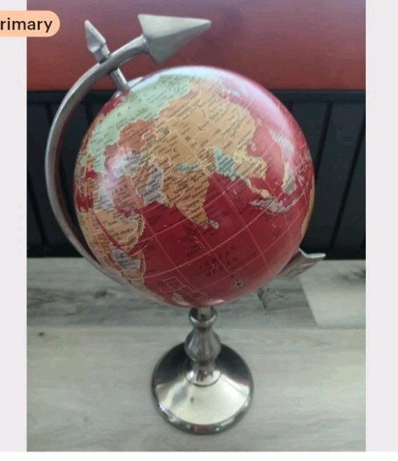 Vintage World Globe – 16″H Globe – Rotating – silver tone metal Desk Decor – Red