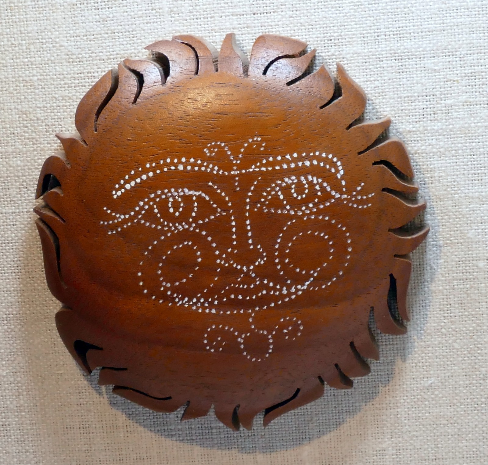 Hand Carved Wooden Sun Face Ornament Folk Art Boho Celestial Decor Framed