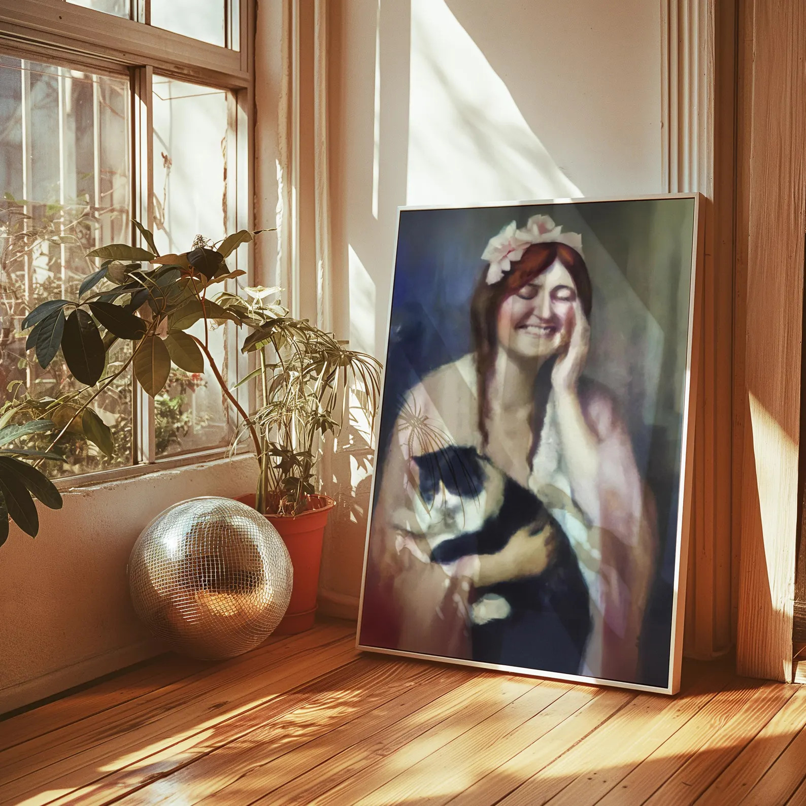 Oil Painting Print of Woman with Cat, Vintage Woman Cat Portrait, Cozy Home Art