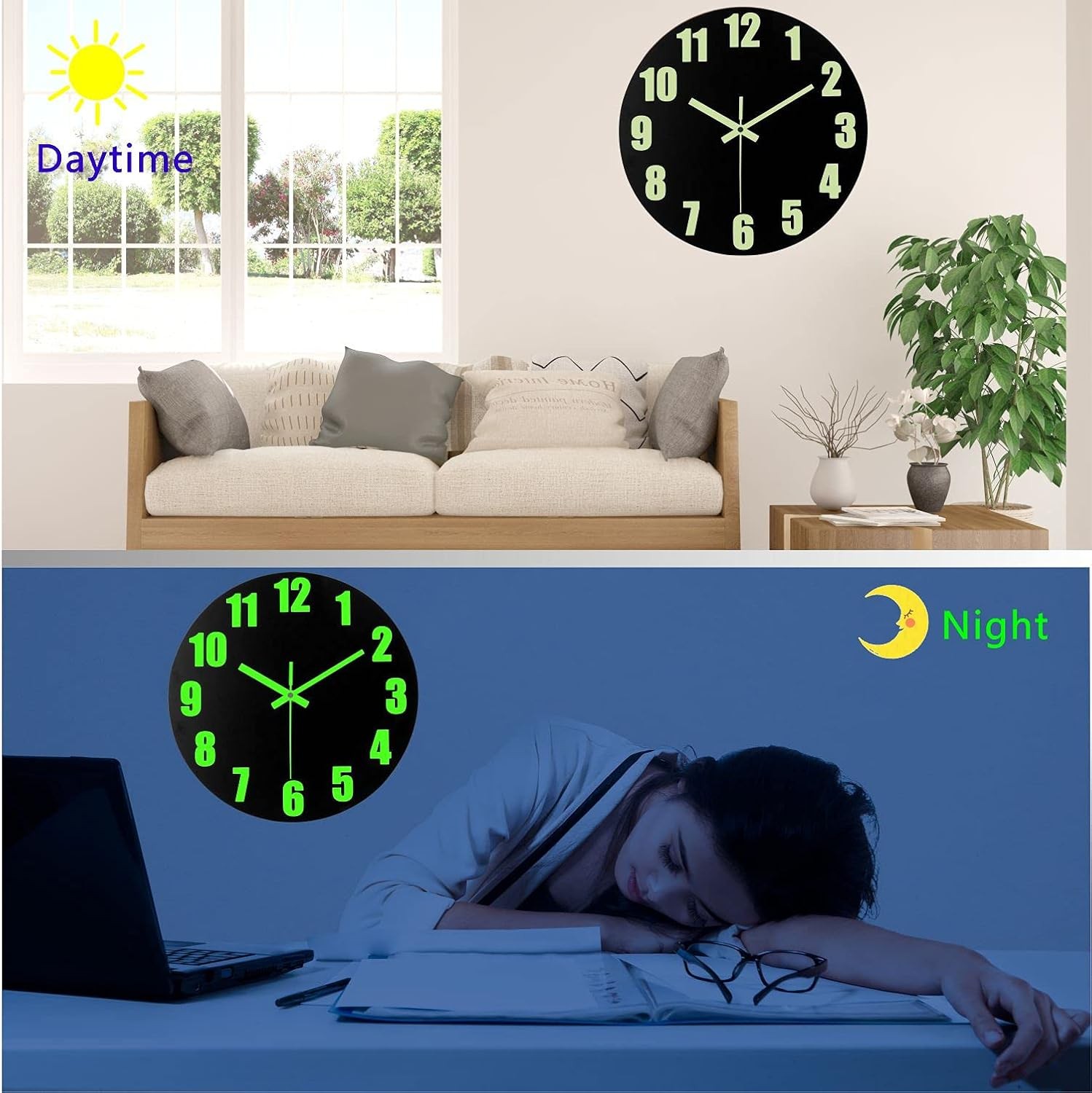 12” Wall Clock Large Luminous Quartz Night Light Glow In The Dark Silent Home
