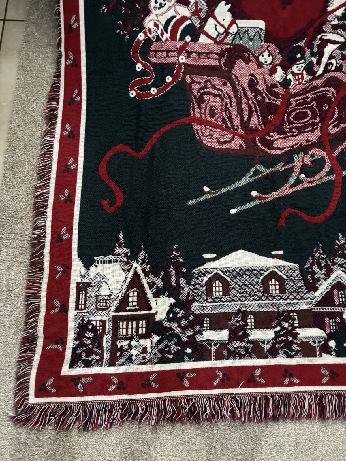 Vintage 90s Christmas Woven Tapestry Throw Blanket Santa Sleigh Reindeer 48×66
