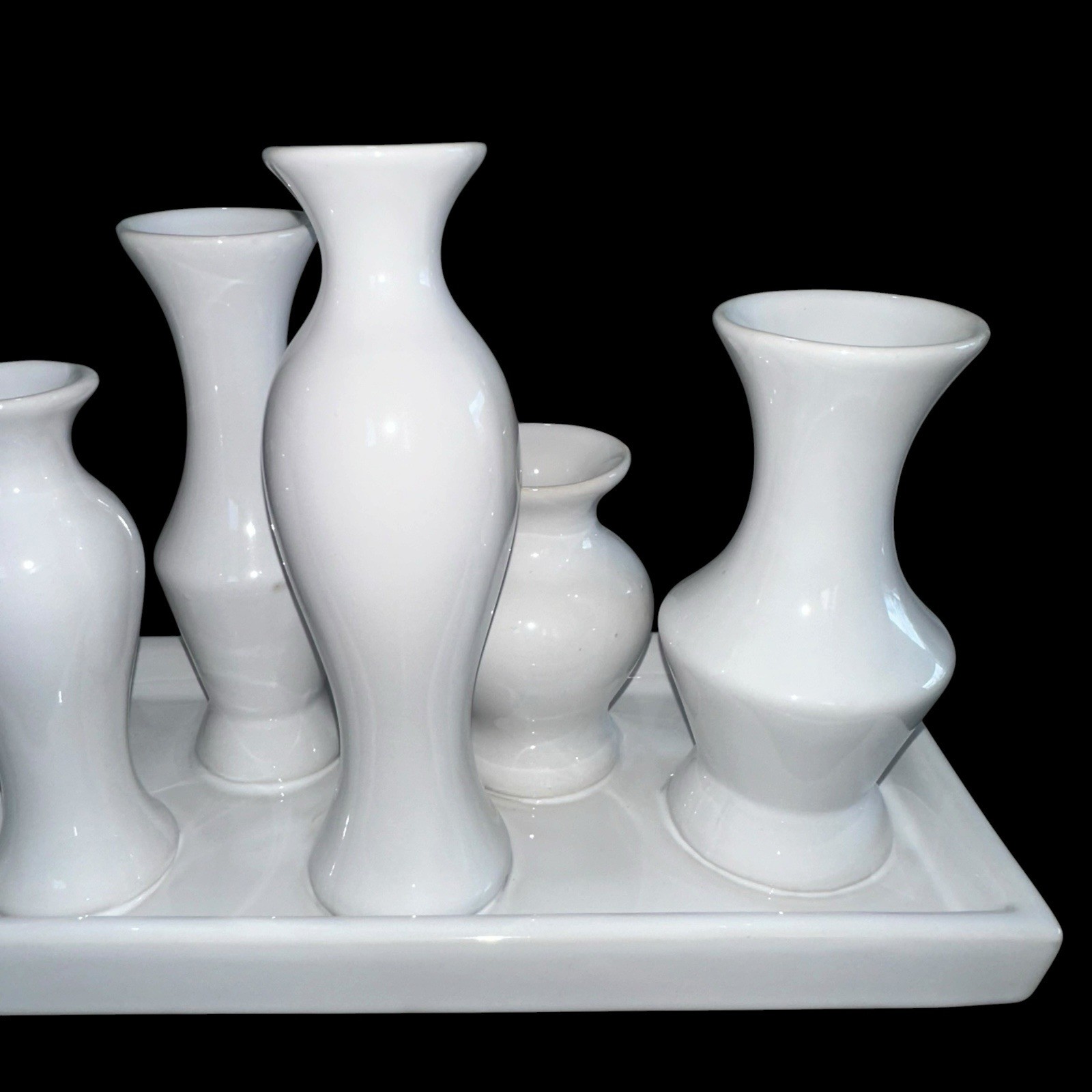 7 Bud Vases Attached Together On The Base, Ceramic Unique Art Deco White
