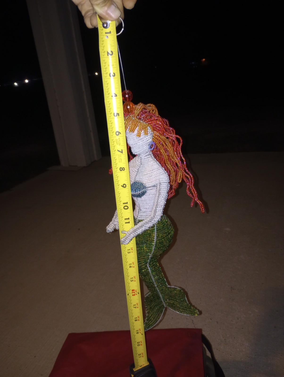 Beaded Mermaid Hanging Sculpture Red Hair 14″ VG Handmade 4.5″ Hanger Vintage