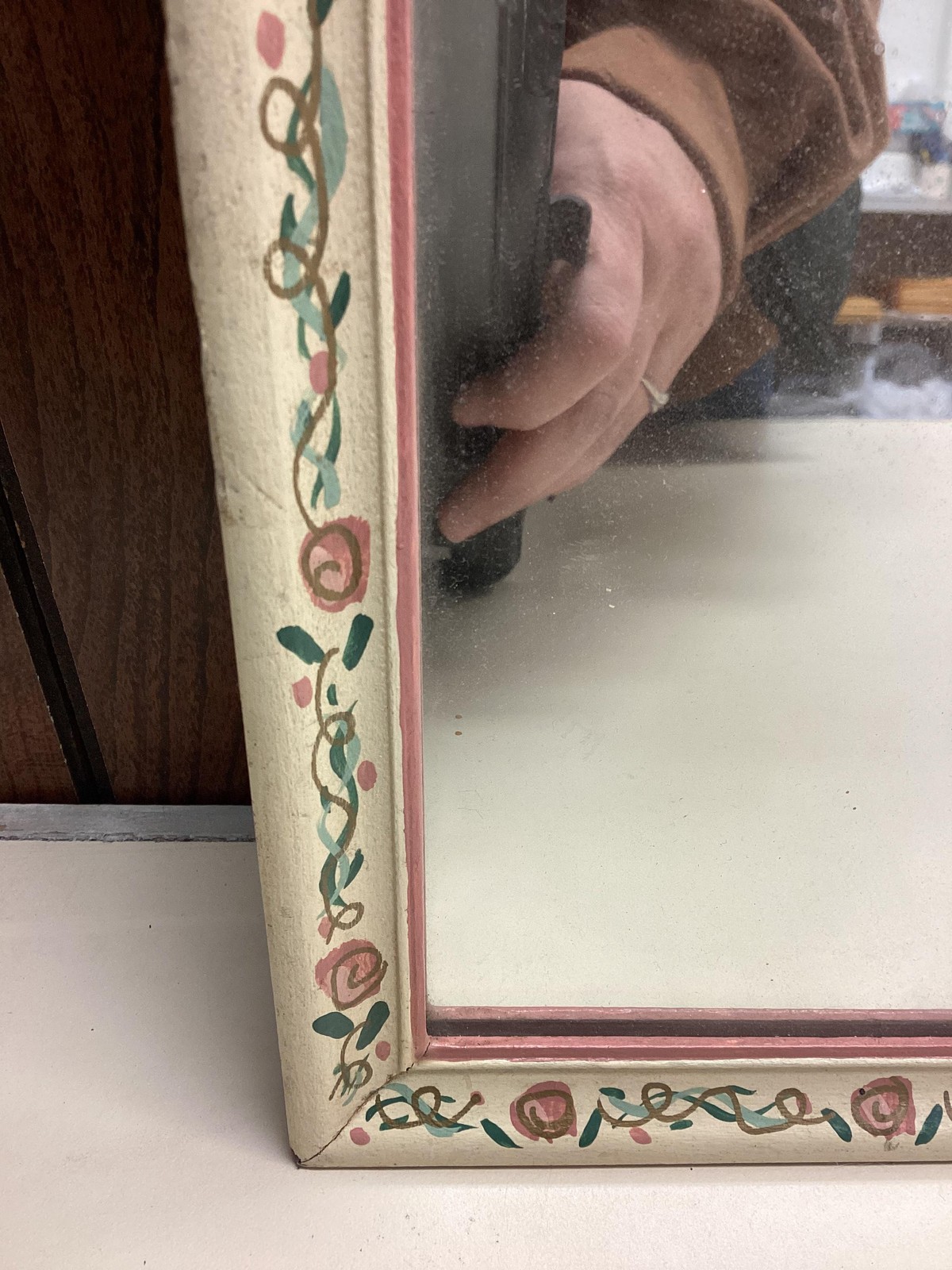 Hand Painted Rose Border Wood Wall Mirror Cottage Shabby Chic Rectangular Decor