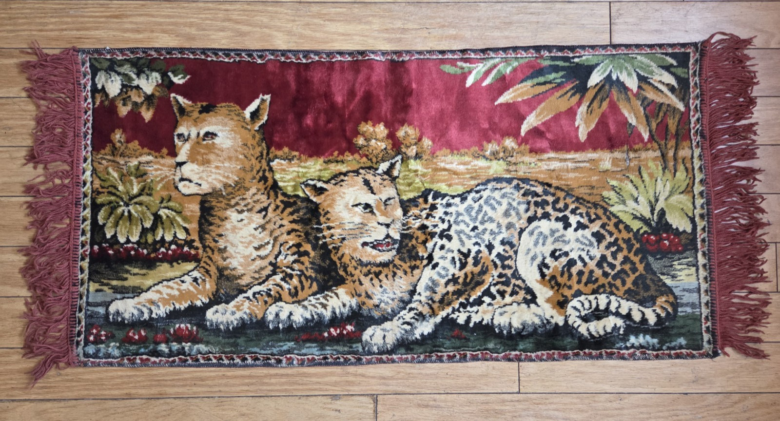 VTG Mid Century Velvet Animal Tapestry Fringe Made in Italy Jungle Leopard Club