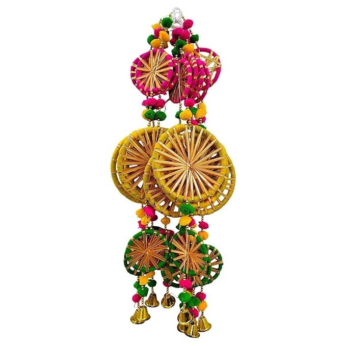 Handmade Pompom Windchime Wall Hanging | Ethnic Home Decor with Bells pack of 10