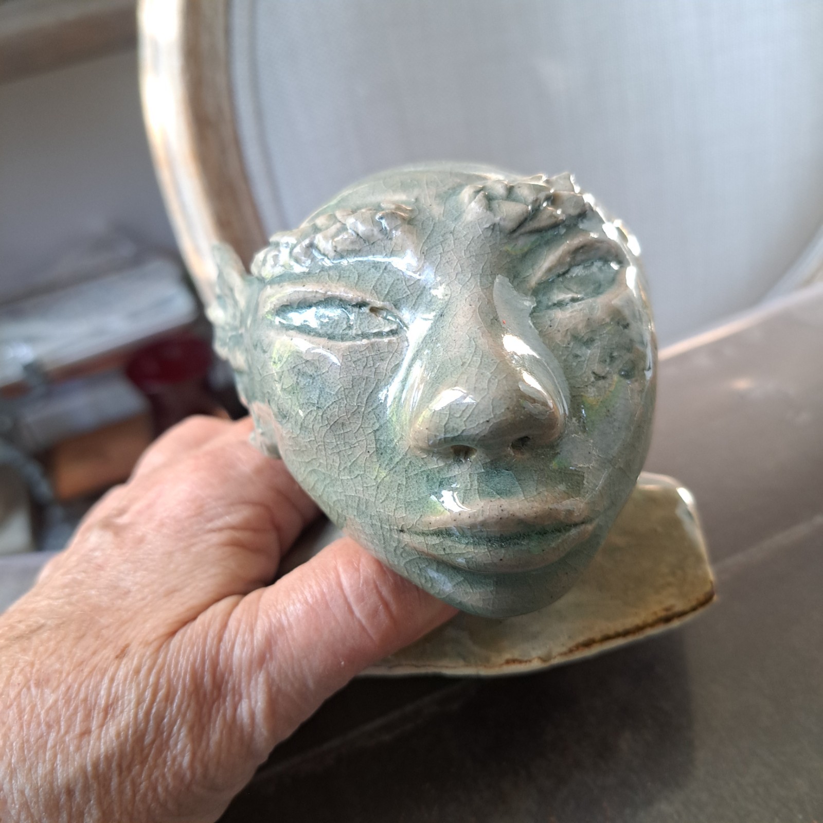 Green Alien Bust Studio Pottery Handmade Clay Figurine Statue Sculpture 4″x4″