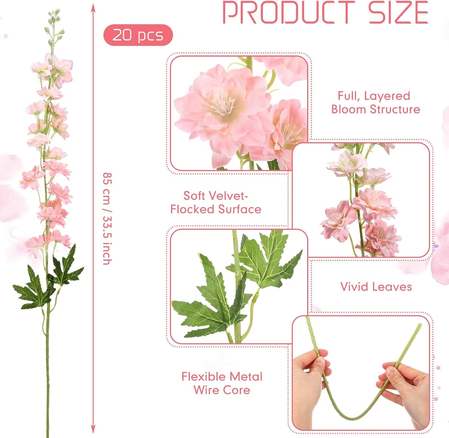 20 Pcs Delphinium Artificial Flowers – 33.5” Long Stem Faux Flower Bulk – Fake
