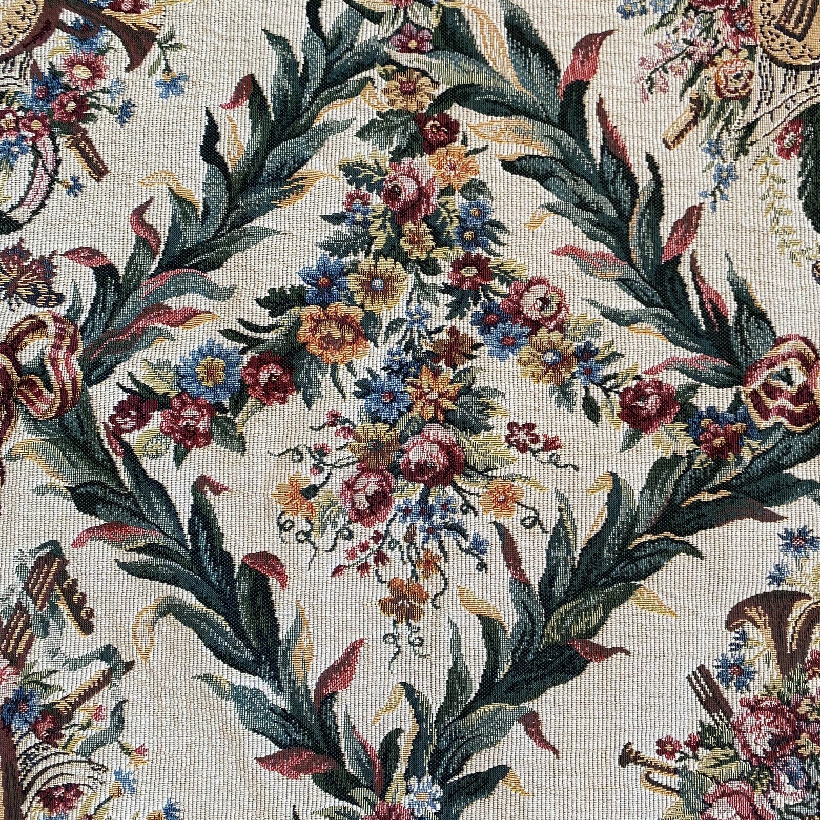 French Tapestry D’Halluin Fringe Border Musical Instruments & Floral Pattern 53”