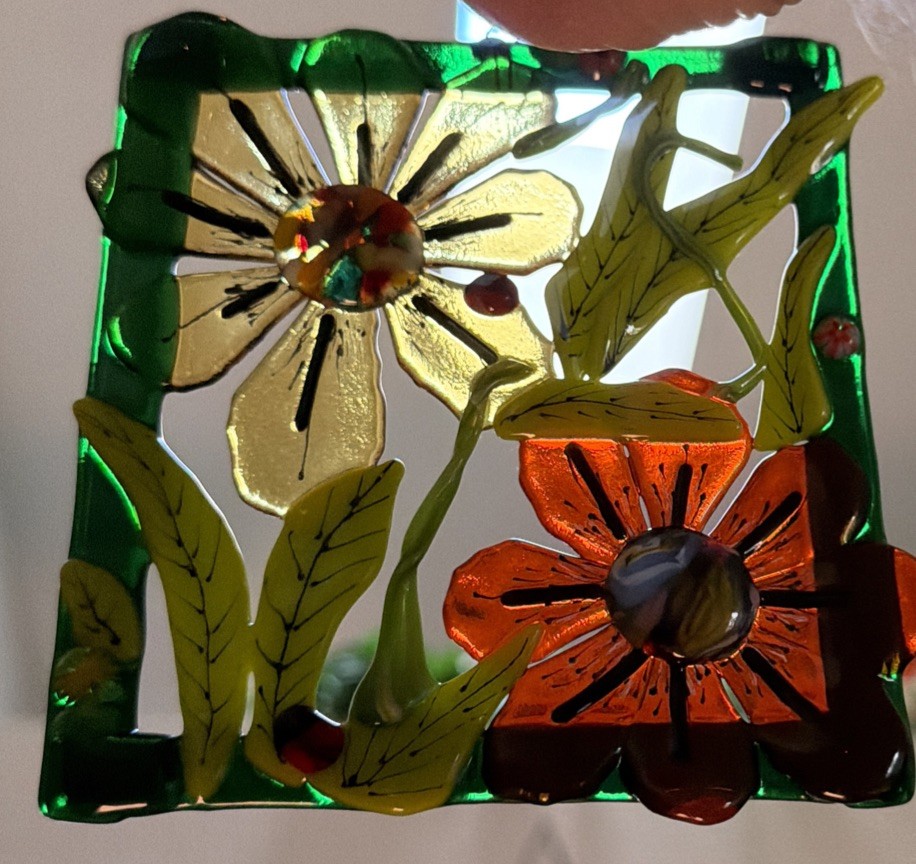 Fused Glass Handmade Rectangular Multicolor Sun Catcher Signed By Artist