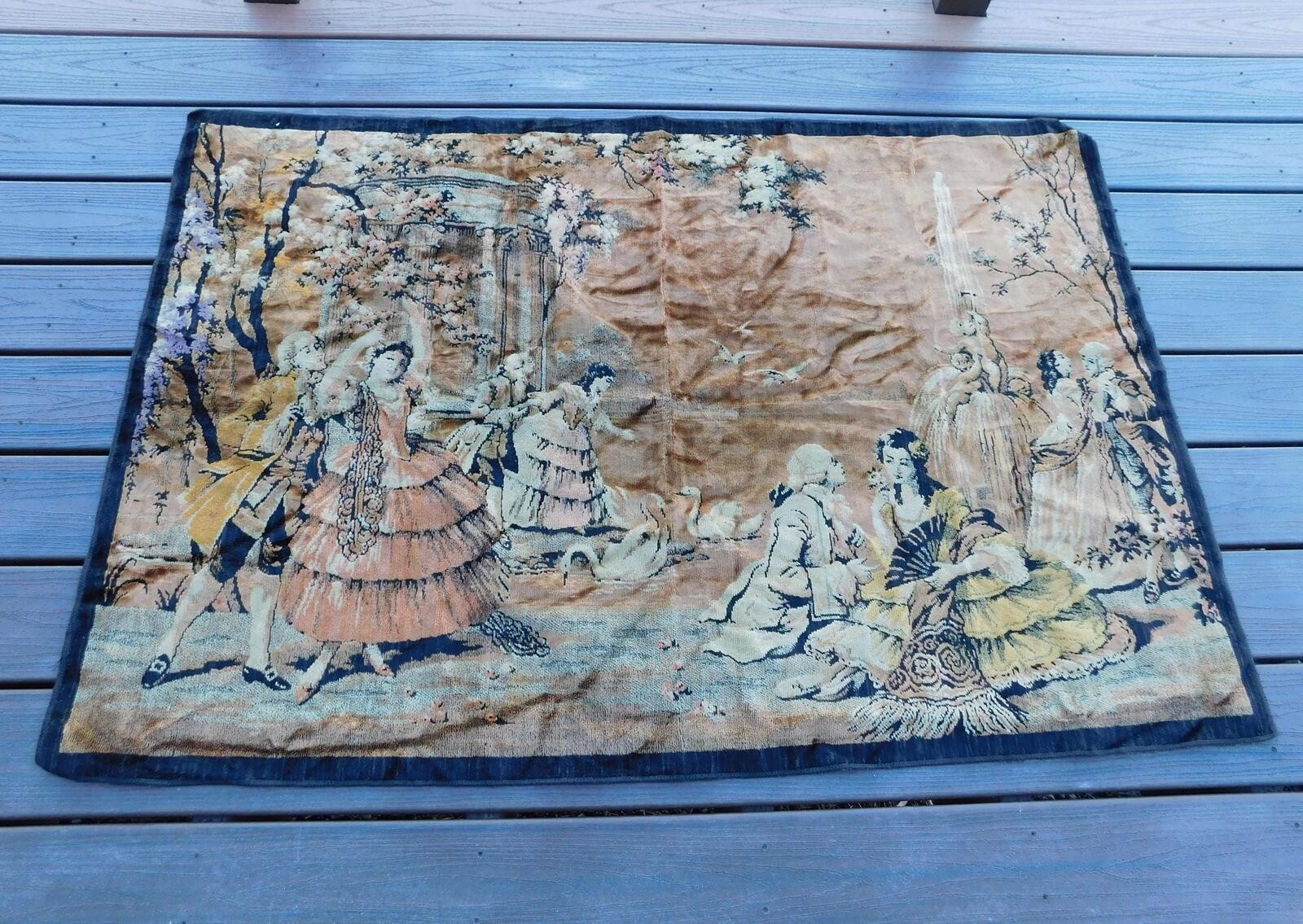 Vtg 70s Brown Velvet Tapestry Rug Colonial French Dancers Dancing Scene