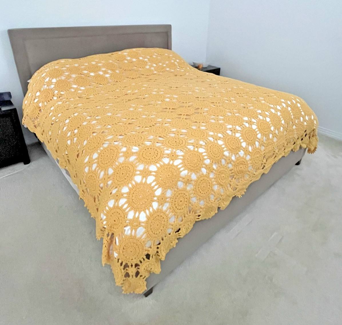 Vintage Handmade Yellow Crochet Knitted Yarn Blanket Pillow Case King 101×101 in