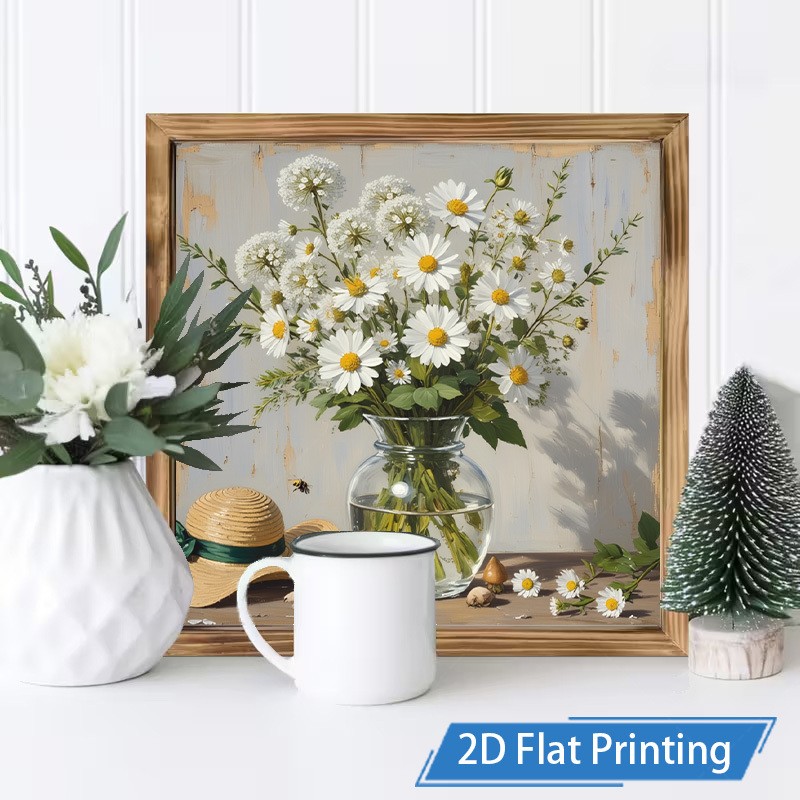 Rustic Textured White Daisy Flower Vase Bee Art Wooden Sign Living Room Wall