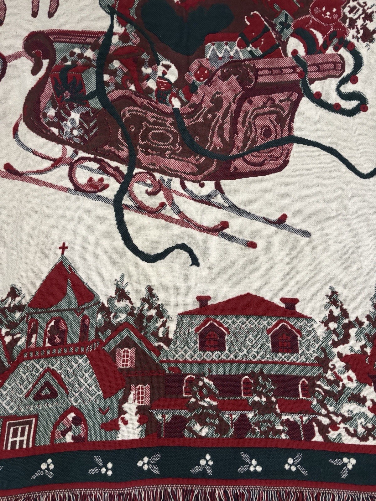 Vintage 90s Christmas Woven Tapestry Throw Blanket Santa Sleigh Reindeer 48×66