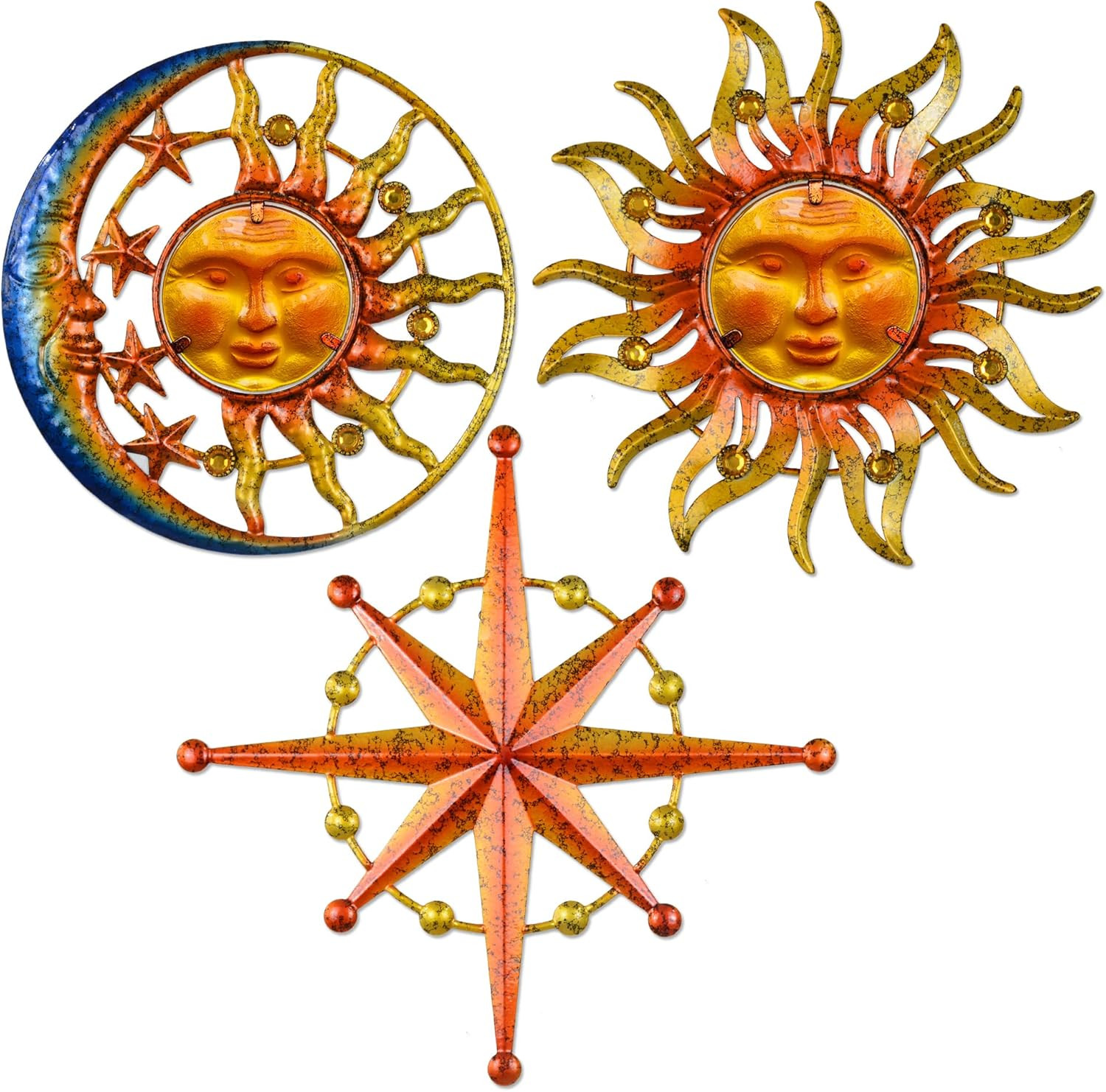 Sun Moon Star Metal Wall Art, Glass Sun Face Weird Decor, Set of 3, Valentine Wa