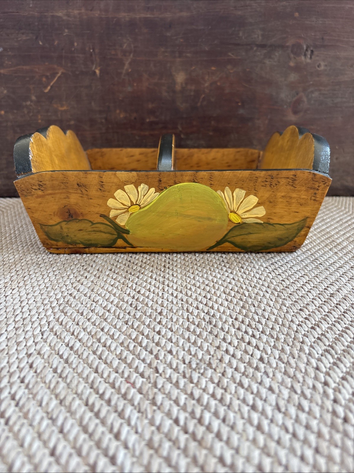 Hand Painted Wooden Caddy Folk Art Tole Floral Fruit Holder Organizer